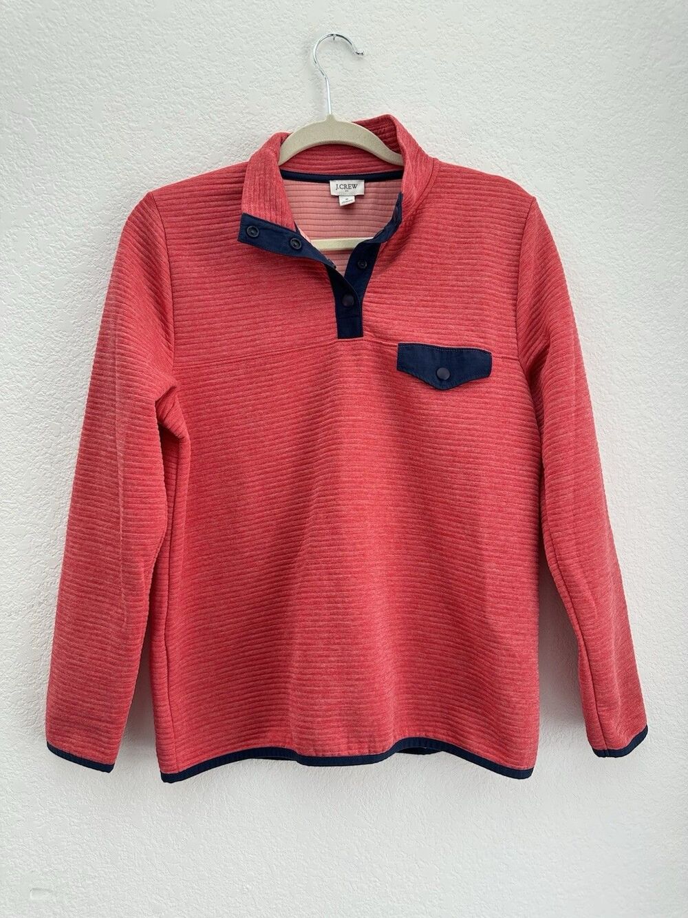 J.Crew Men's S BJ131 Textured Ribbed Snap Neck Fleece Pullover Coral Pink Navy